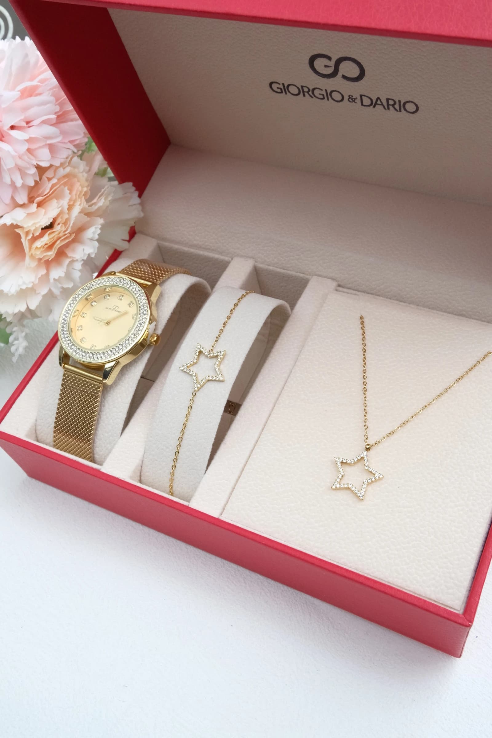 Coffret avec une montre en bracelet acier Inoxydable et une Parure en acier Inoxydable.
